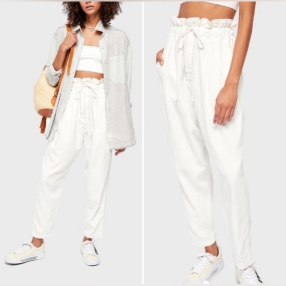 Free People Margate Pants XS White High Rise Paperbag Waist Beach Boho - Picture 1 of 12